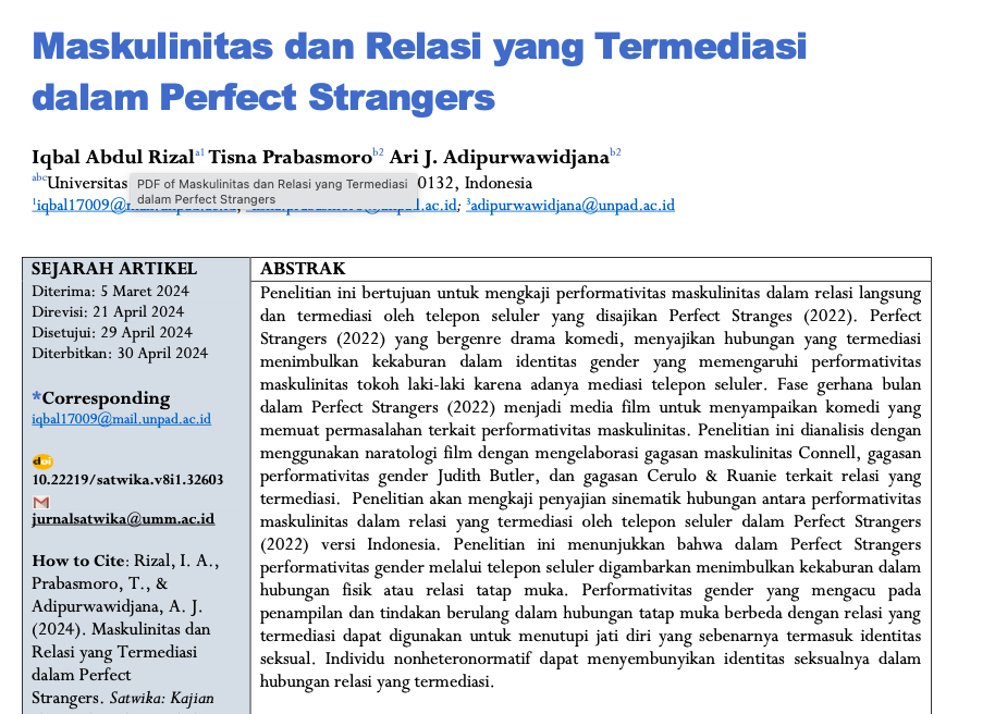 Maskulinitas dan Relasi yang Termediasi dalam Perfect Strangers